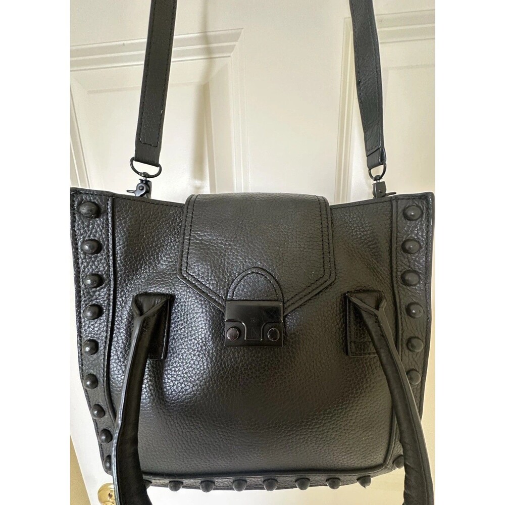 Loeffler Randall VTG Black Pebble Leather Studded Large Tote Bag Detach Strap